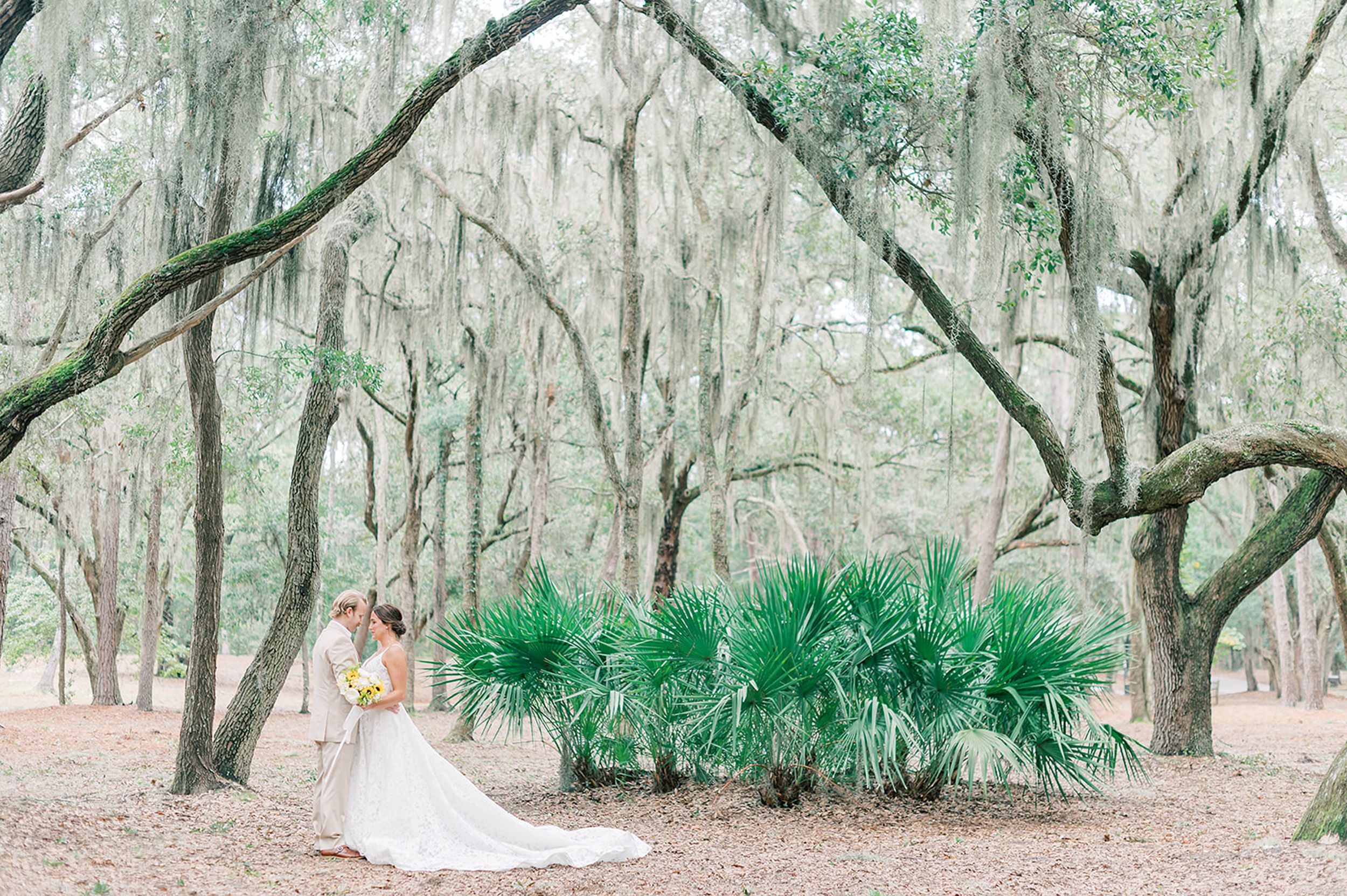Hilton head bride and groom among trees